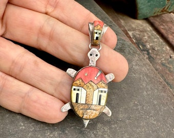 Inlay Turtle Pendant with Southwestern Scene Pink-Red Spiny Oyster Multi-Stone, Sterling Silver