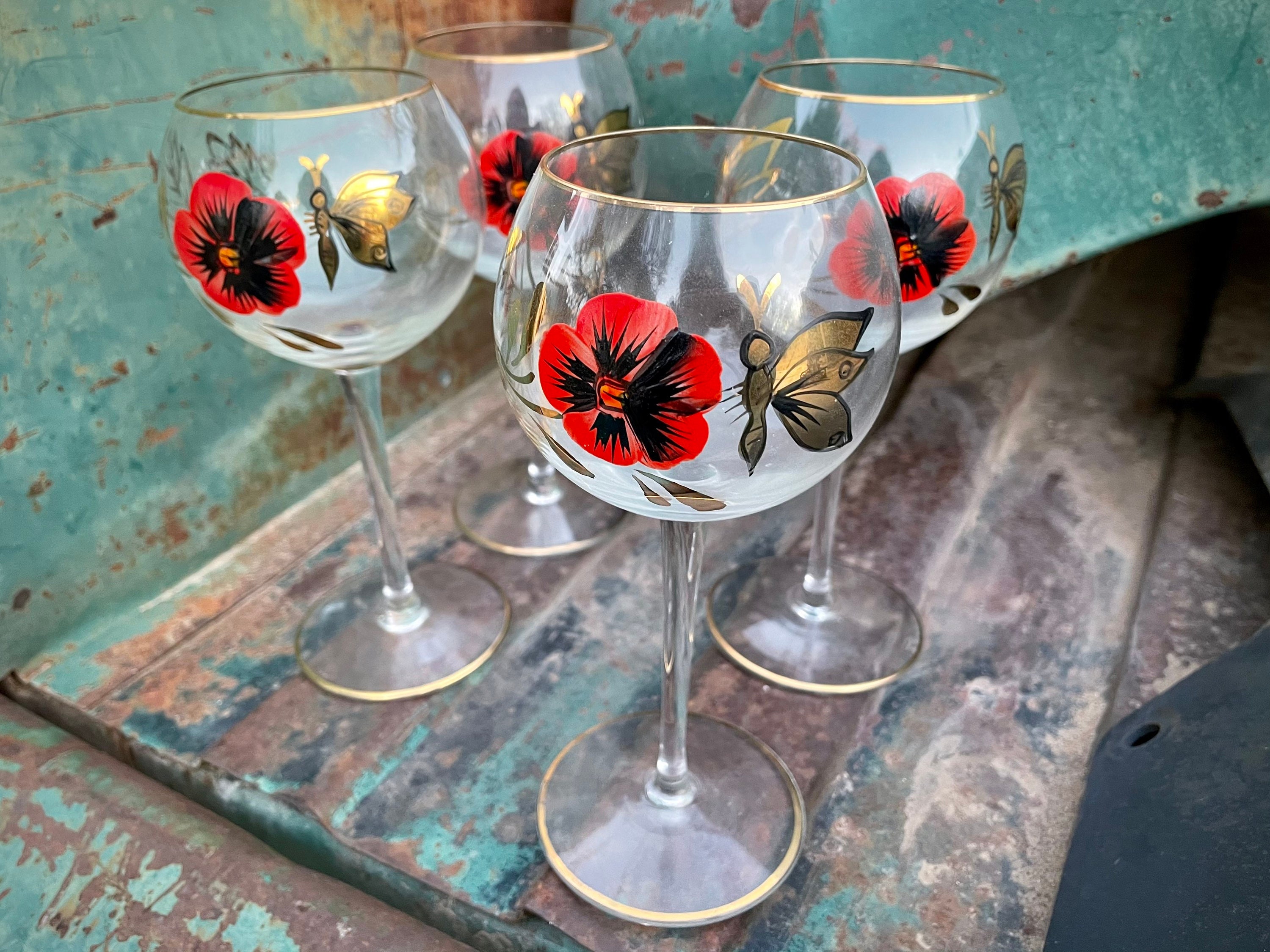 Handpainted Wine Goblets Set of Two Butterflies Flowers Painted Wine Glasses  Vintage Butterfly Wine Glasses Pretty Wine Glasses With Flowers -   Canada