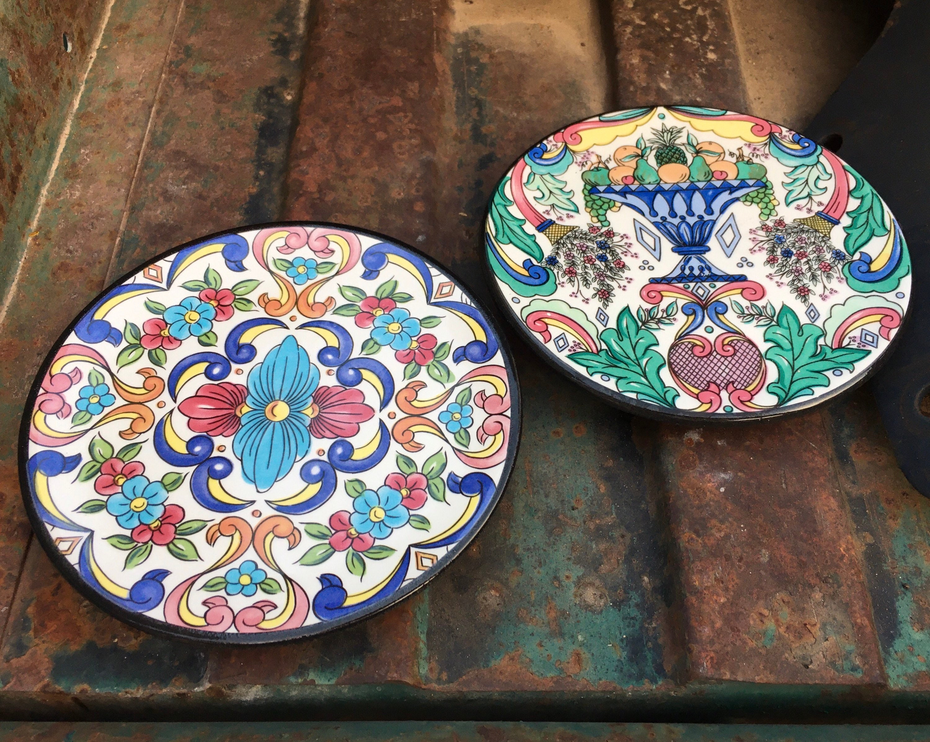 Two Handmade Spanish Miniature Wall Plates by Ceraplate, Blue and White