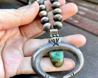 Vintage Coin Silver Turquoise Naja Pendant on Benchmade Navajo Pearls Necklace, Native American