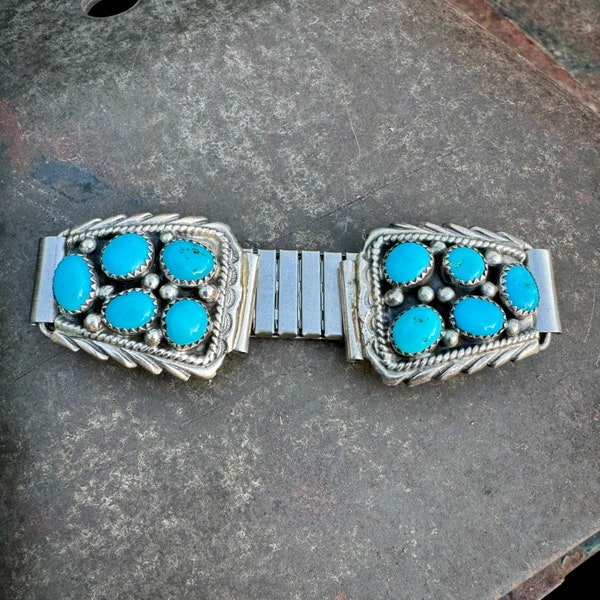 Vintage Sterling Silver Cluster Turquoise Nugget Watch Tips by Navajo Richard Begay, Connecting Band Stainless Steel Made in Hong Kong