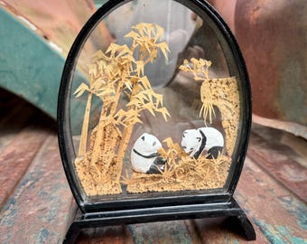 Vintage Chinese Cork Diorama Trees & Pandas on Wood Base, Intricate Carved Natural Scene