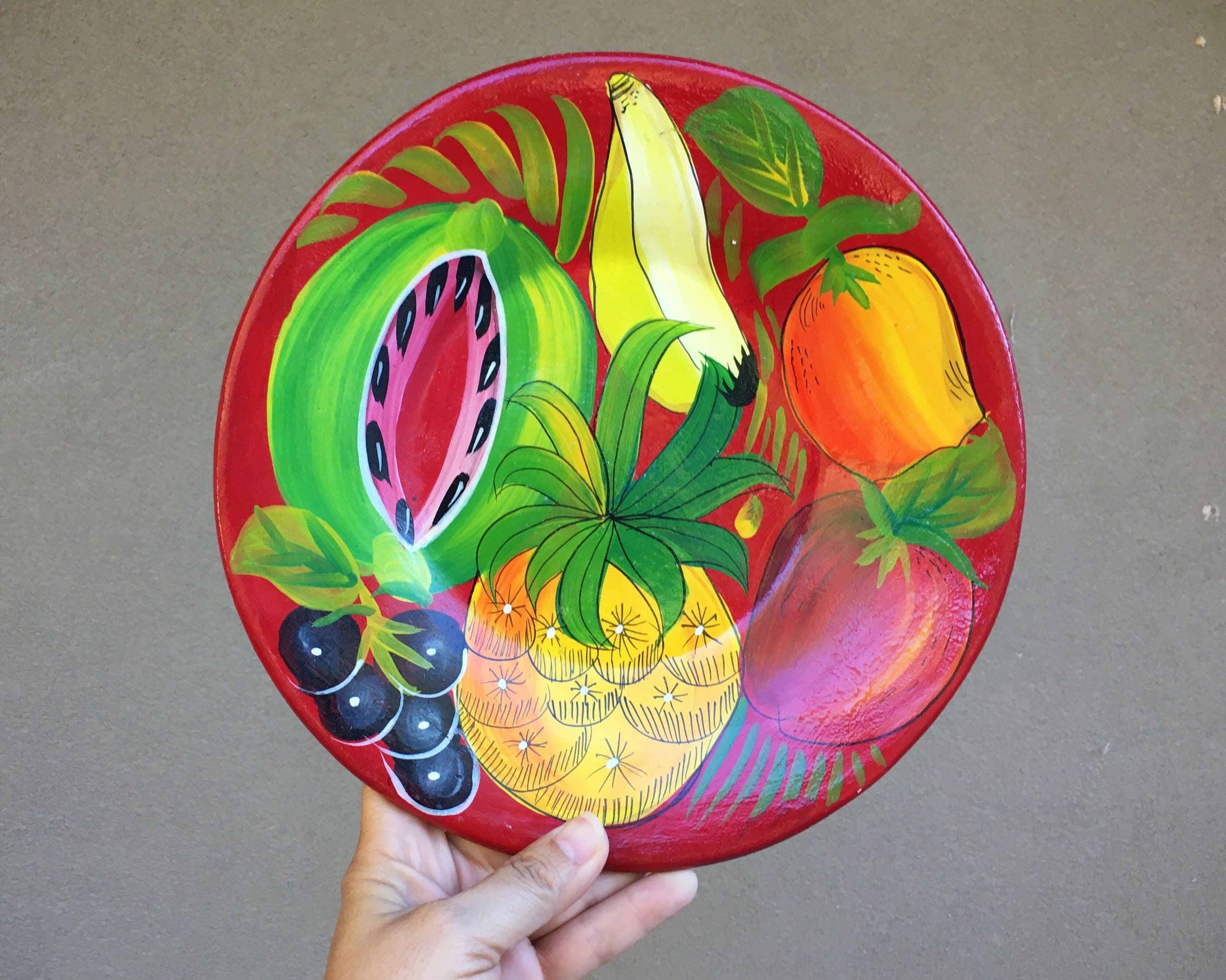 10 Diameter Vintage Mexican Pottery Plate Wall Hanging Red Decor with Fruit, Mexican Folk Art