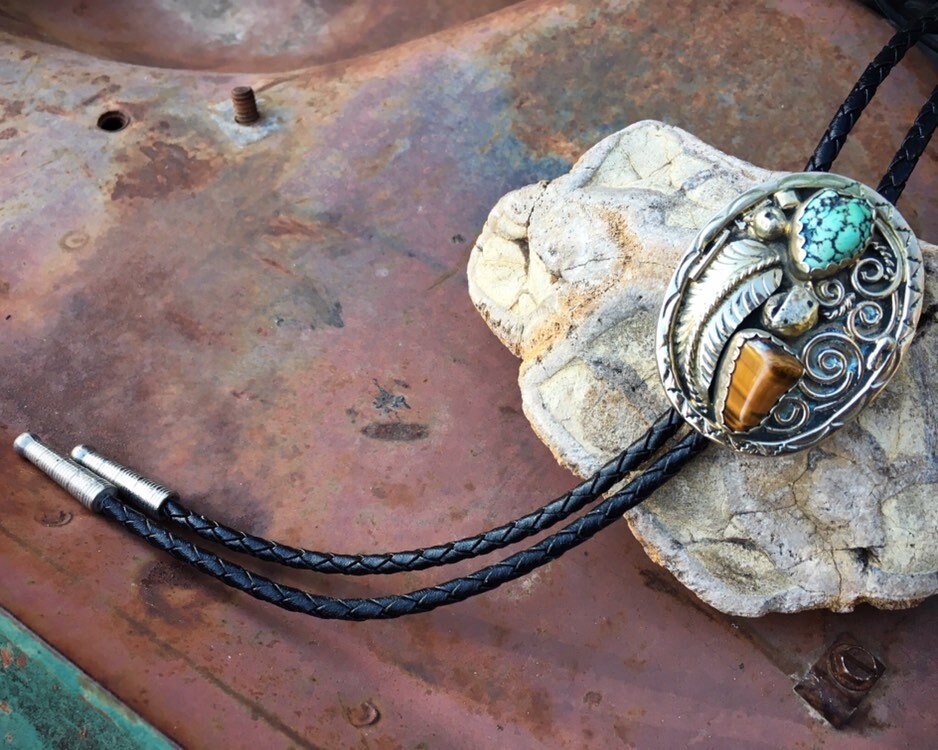 Vintage Turquoise and Tiger Eye German Silver Bolo Tie for Men, Western ...