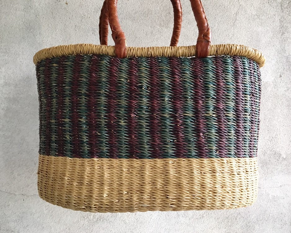 Vintage Sisal Straw Tote with Leather Handles, Big Bohemian Tote Hippie ...