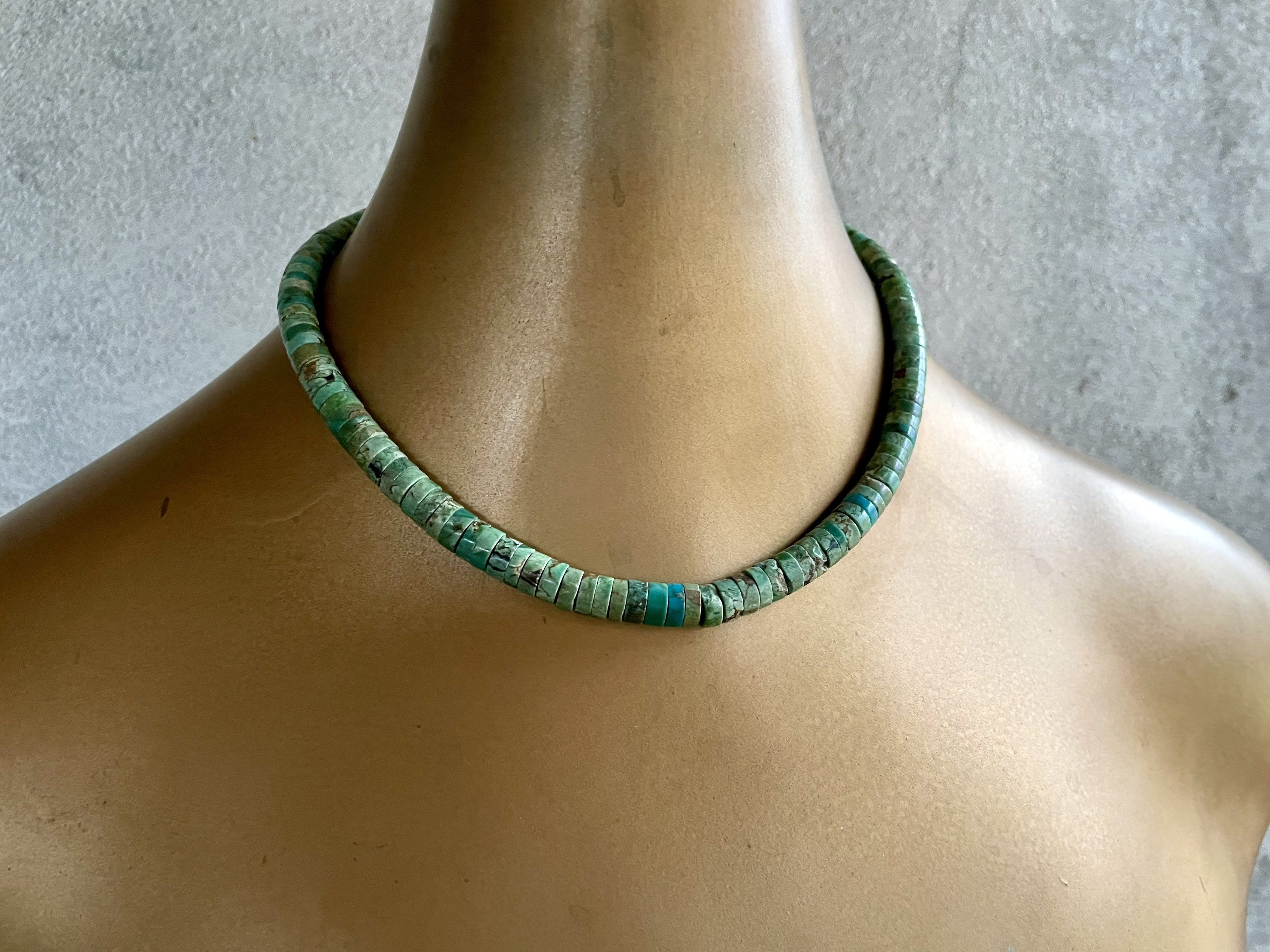 1960s Turquoise Heishi Necklace Choker 17.5, Strung on Twine, Vintage