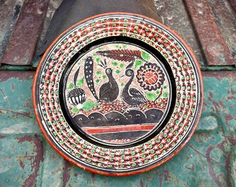 Vintage Mexican Petatillo Pottery Plate 9" Dia, Folk Art, Southwestern Kitchen Decor Rustic Display
