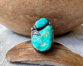 Heavy Turquoise Nugget Signet Ring Size 10.5 by Zuni Wayne Cheama, Native American