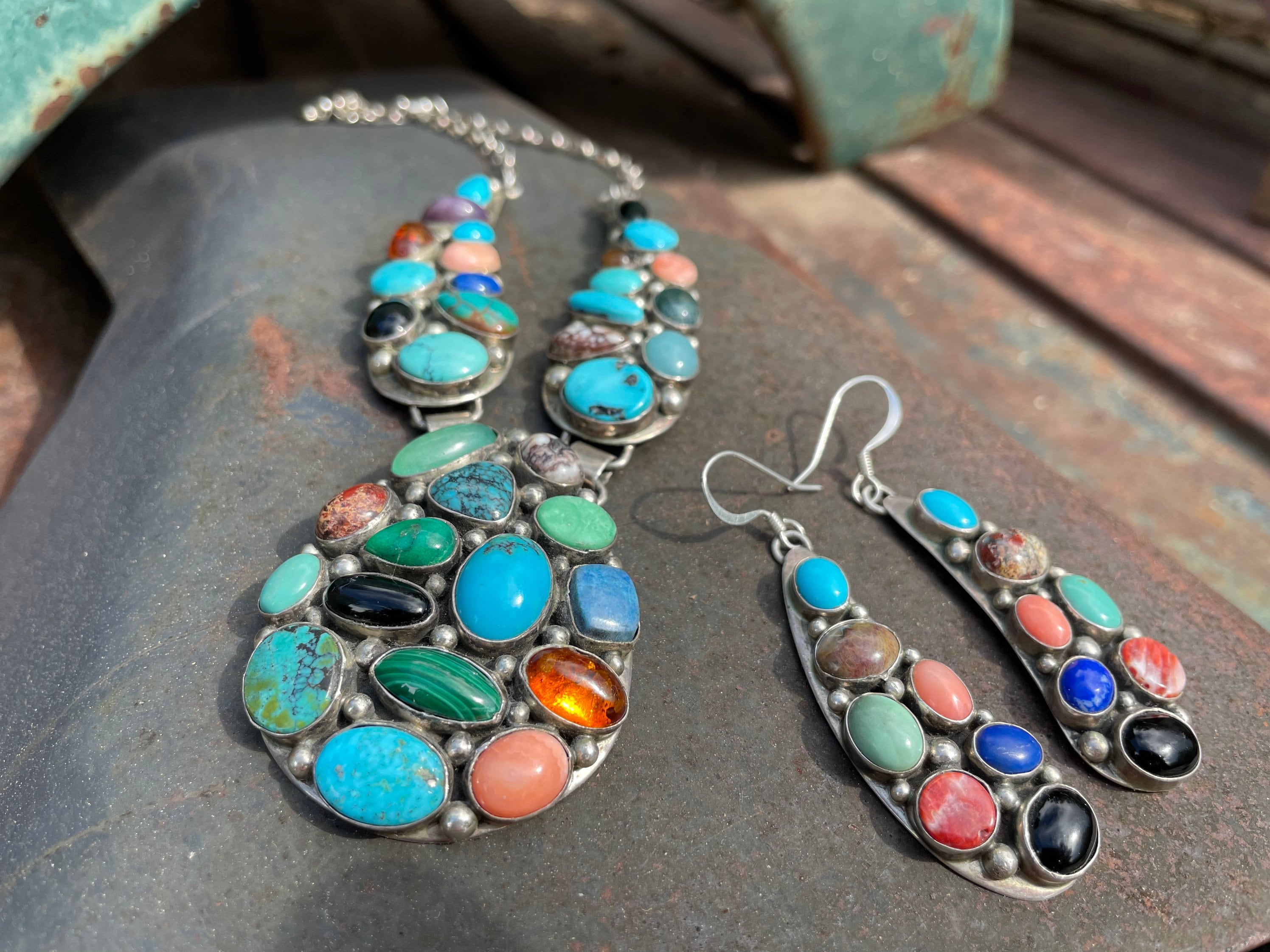 Navajo Emer Thompson Lariat Necklace MultiGemstone w/ Earrings, Native American Jewelry Set