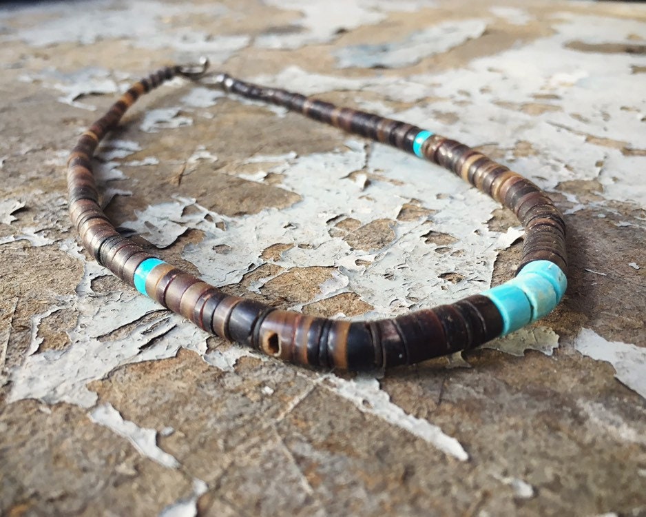 1970s Turquoise Choker Necklace with Dark Pen Shell Heishi Southwestern ...