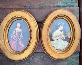 Two Small Oval Prints in Gilt Frame Wall Hangings, Vintage Prints Old World Florentine Style