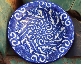 Vintage 12" Moorish Pottery Wall Bowl Plate Blue White, Moroccan Decorative Wall Hanging, Rustic Mediterranean Bohemian Home Patio Decor