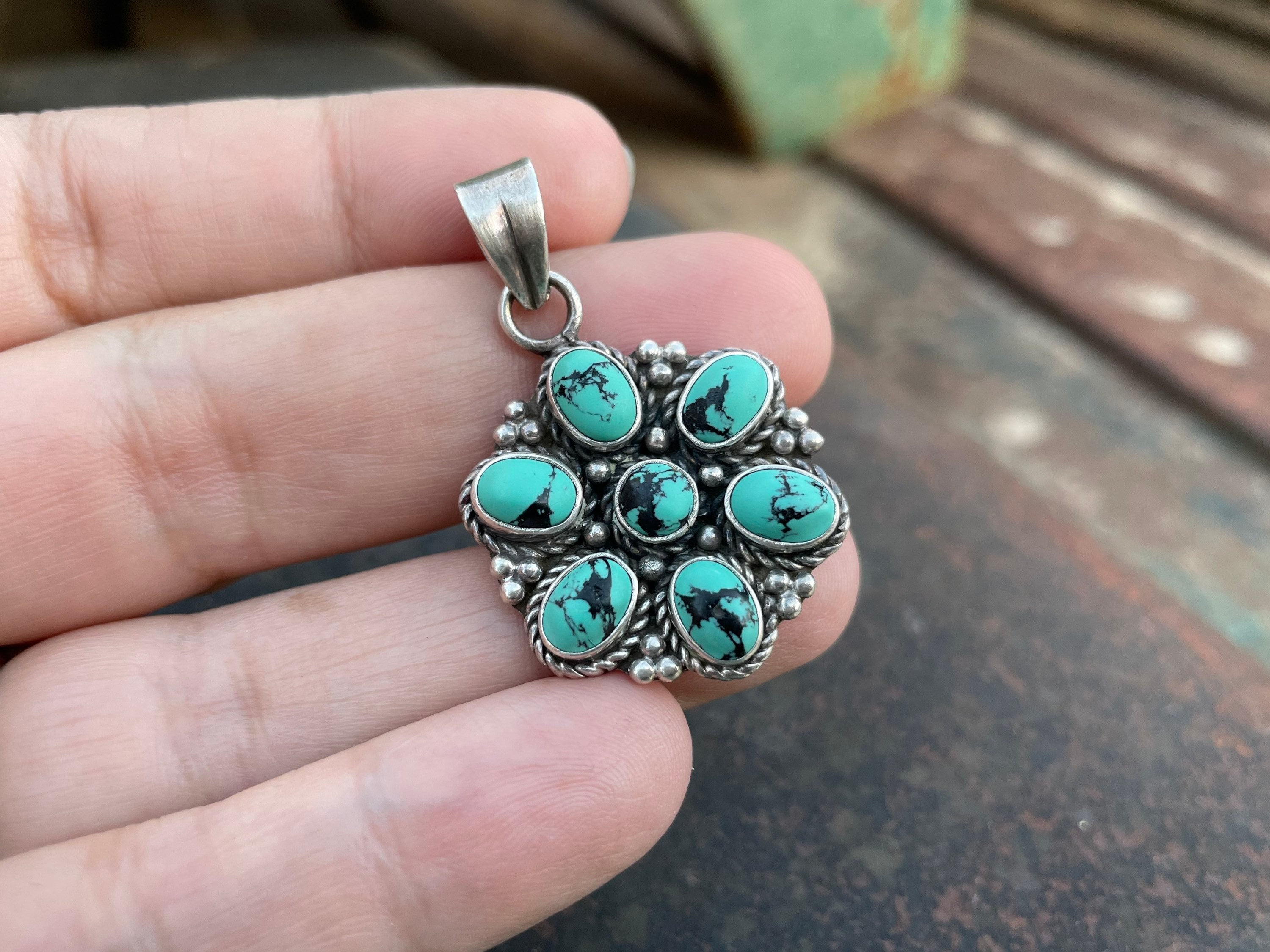 Small 925 Sterling Silver Turquoise Cluster Pendant Vintage