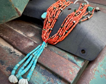 Vintage 10-Strand Mediterranean Coral Bead Treasure Necklace with Turquoise Jacla, Museum Quality