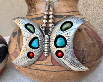 Hopi Charles Supplee Sterling Silver Overlay Turquoise Butterfly Pendant Necklace Approx 24"