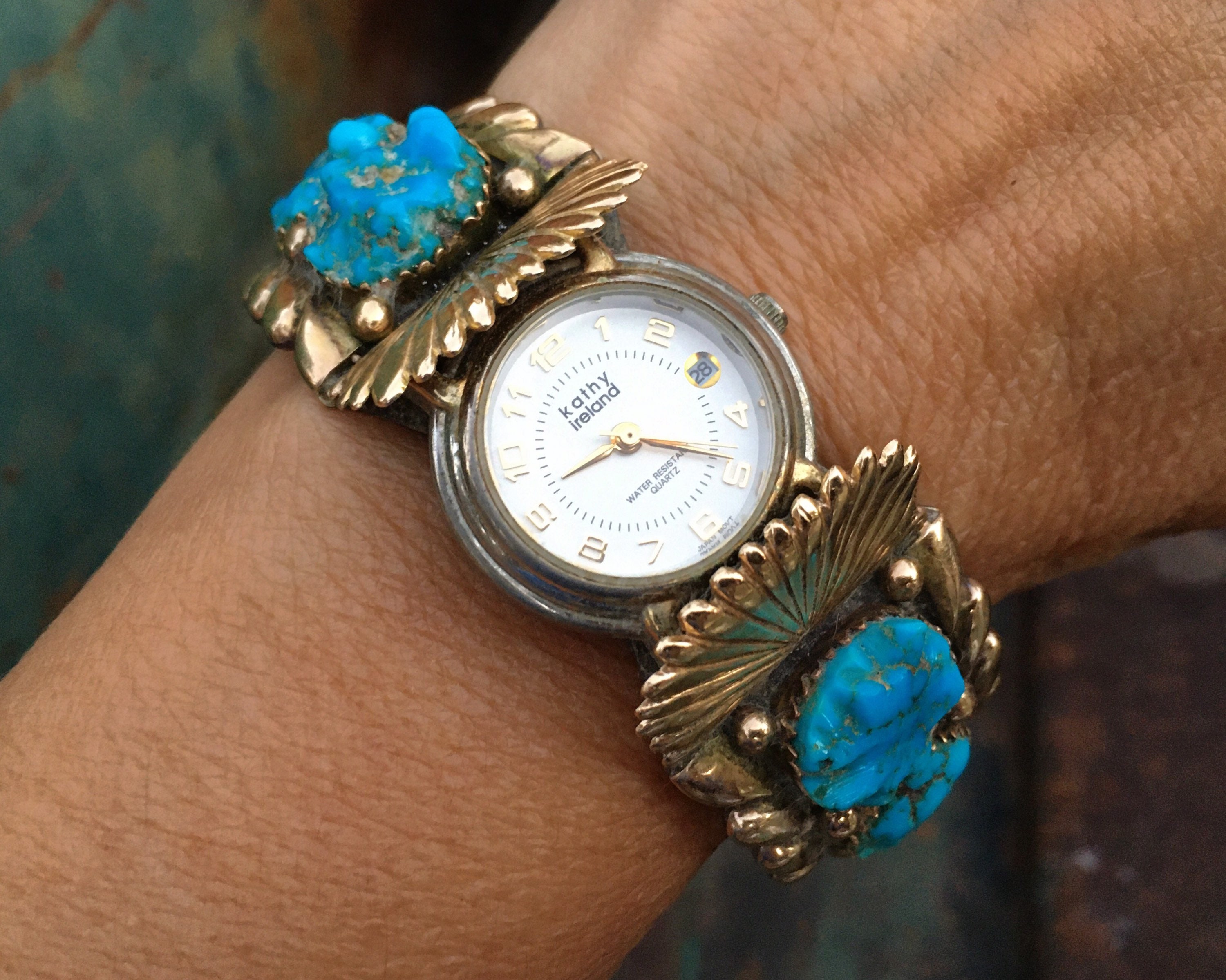 Zuni Wayne & Virginia Quam 14k Overlay Turquoise Watch Cuff for