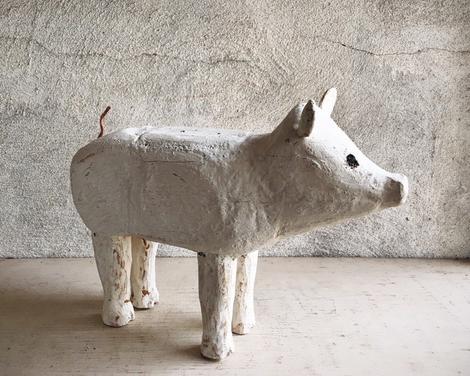 Painted Wood Folk Art Pig Statue with Metal Tail, Pig Gifts, Pig Decor, Farm Animal, Country