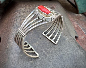 Vintage Navajo Rita Touchine Coral Split Wire Shank Silver Bracelet Approx Size 6.75