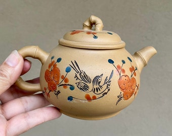 Small Chinese Yixing Teapot and Six Cups with Saucers, Bird and Flower Design, Faux Bamboo Handles, Zisha Chinoiserie Decor, Sand Kettle