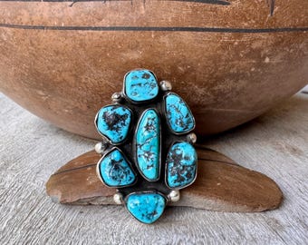 Large Turquoise Nugget Cluster Ring Size 10, Signed Navajo Native American Jewelry