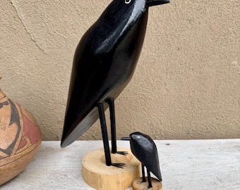 Large Edith Herbert John Painted Carved Wood Crow Raven 12" Tall & Baby 4", Navajo Folk Art