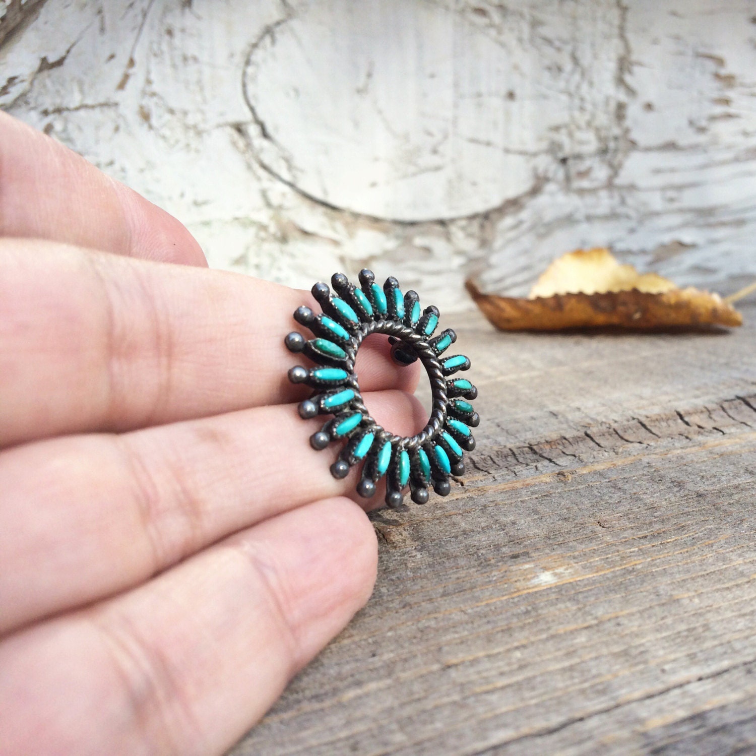 Vintage Zuni needlepoint circle brooch, silver turquoise pin, Native