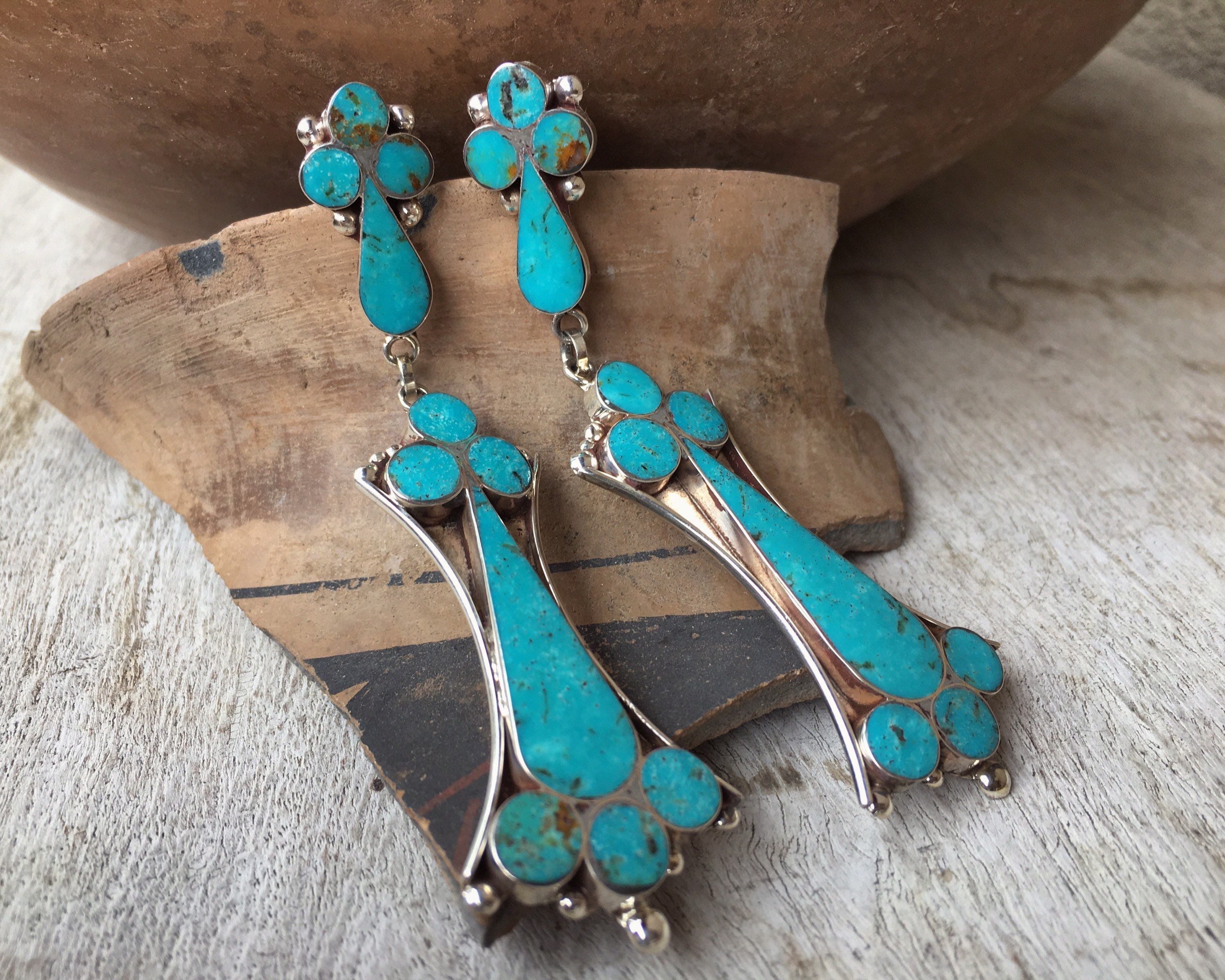 Long Signed Zuni Silver Turquoise Inlay Earrings for Women, Native