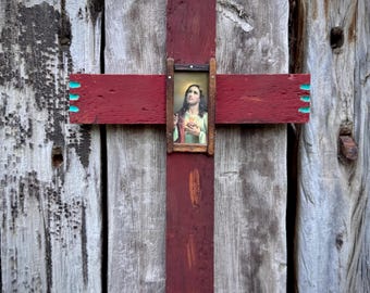 Vintage Rustic Wood Cross Jesus Christ Sacred Heart Laminated Lithograph, Primitive Wall Hanging
