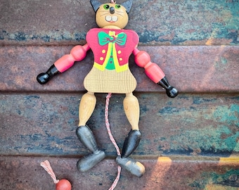 Vintage Pull String Jumping Jack Toy Cat, Made in Austria