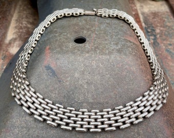 Vintage 149g HEAVY Mexican 925 Sterling Silver Link Chain Necklace 17.75", Taxco Bib Collar