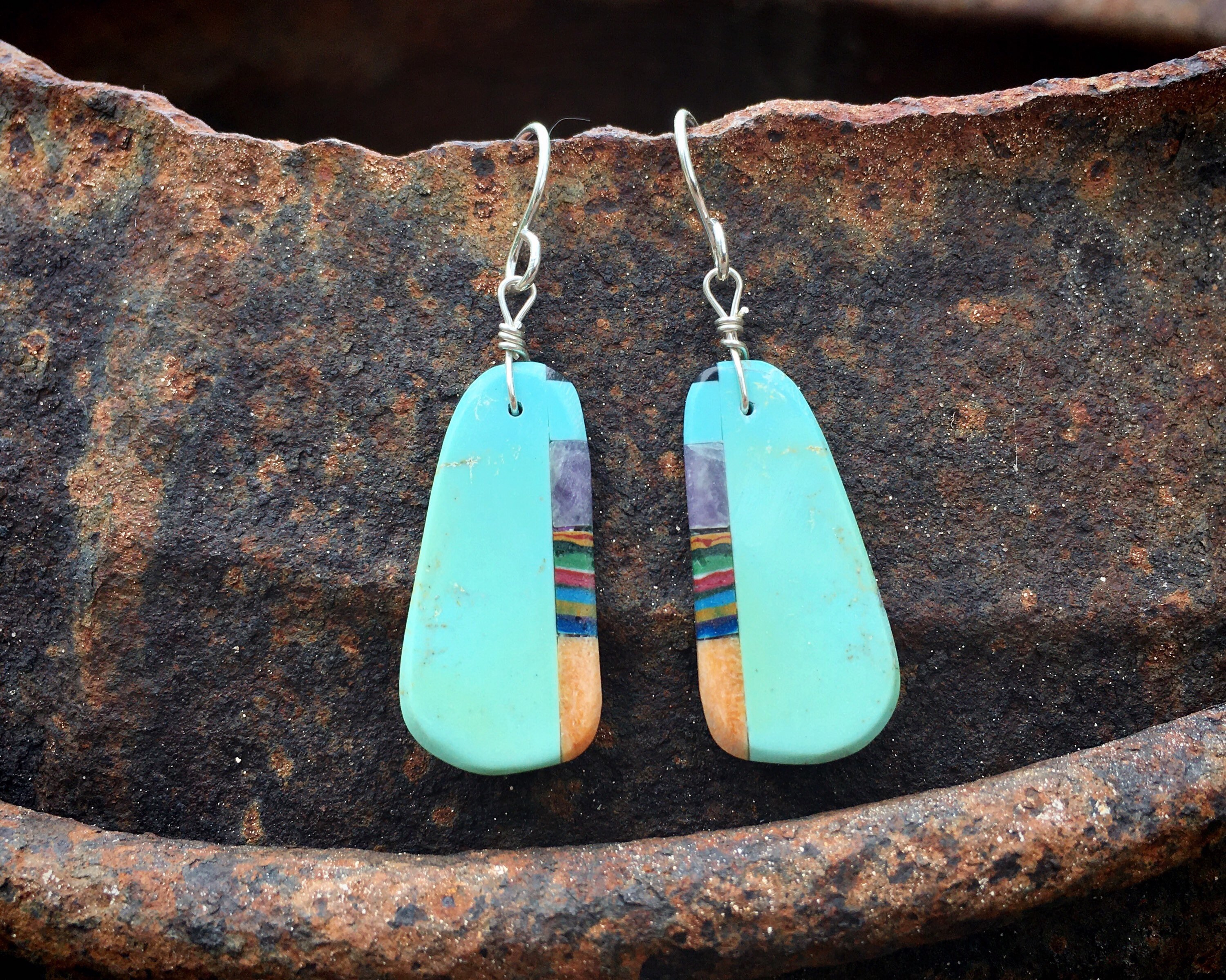 Small Multicolor Turquoise Slab Earrings Santo Domingo Earrings, Native ...