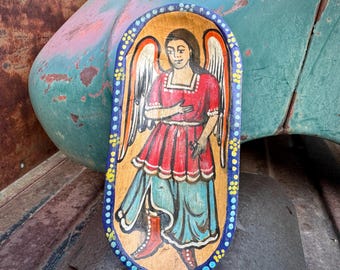 Small Carved Wood Wall Hanging of Archangel, 3.5 x 7.25, Mexican Saint Religious Folk Art