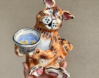 Heather Goldminc Cat w/ Fish in Bowl Art Pottery Tealight Candle Holder, Made in 2000