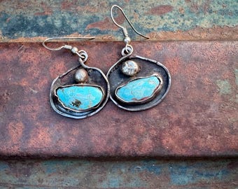 Artisan Sterling Silver Turquoise Earrings, Sculptural Organic, Signed ME