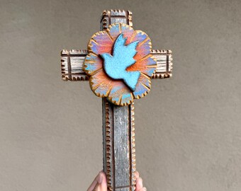 New Mexican Folk Art Carved Wood Wall Cross with Pottery Dove, Southwestern Rustic Decor