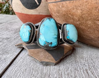 Navajo Chimney Butte Three-Stone Blue Turquoise Row Bracelet 6.5, Pyrite Inclusions