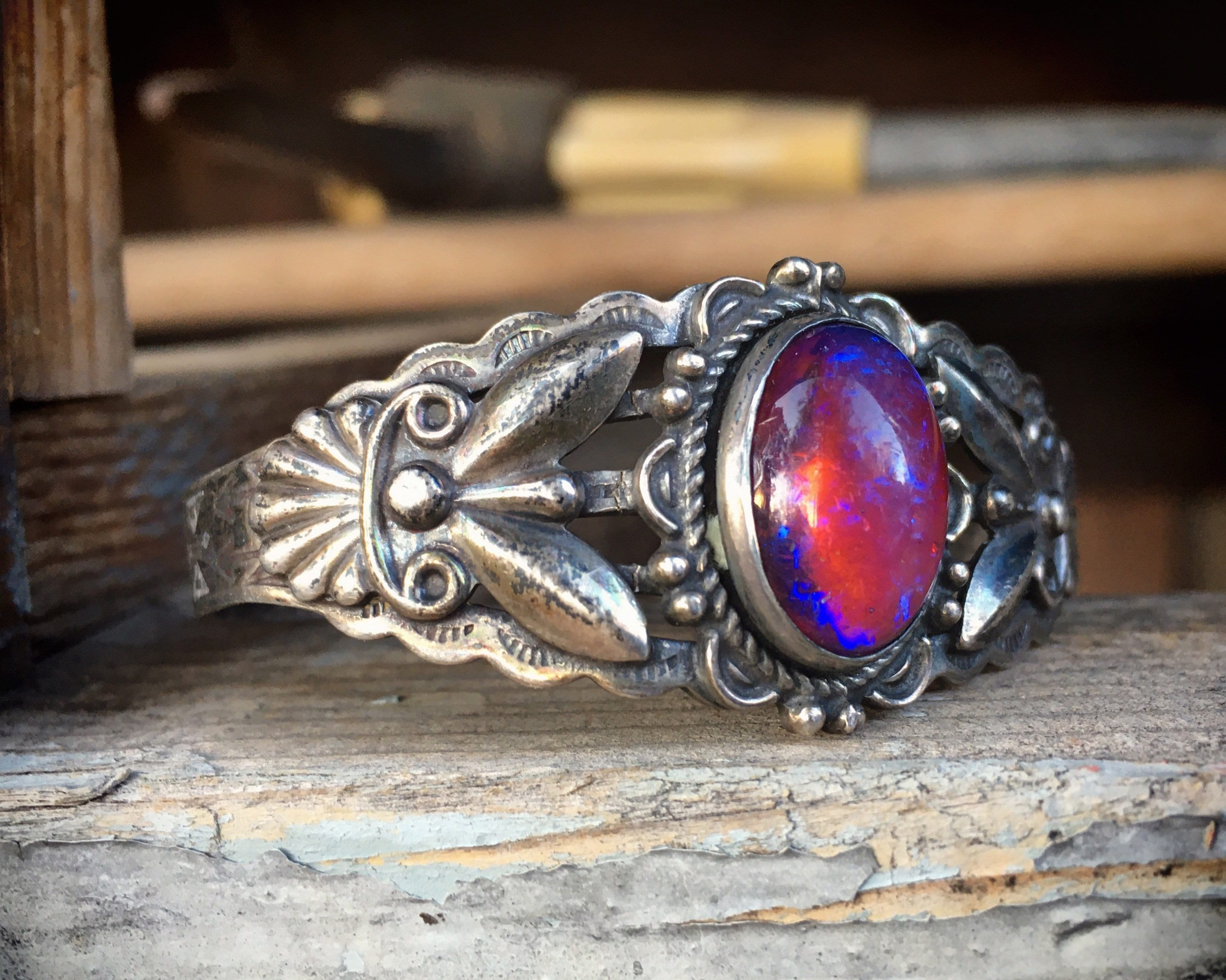 Fred Harvey Era Dragon's Breath Opal Sterling Silver Cuff Bracelet ...