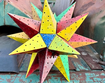 Vintage Punched Metal Moravian Star Candle Holder Painted & Rustic, Celestial Patio Decor