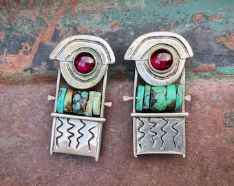 Artisan Silver Amethyst Turquoise Post Earrings, December February Birthstone Gift