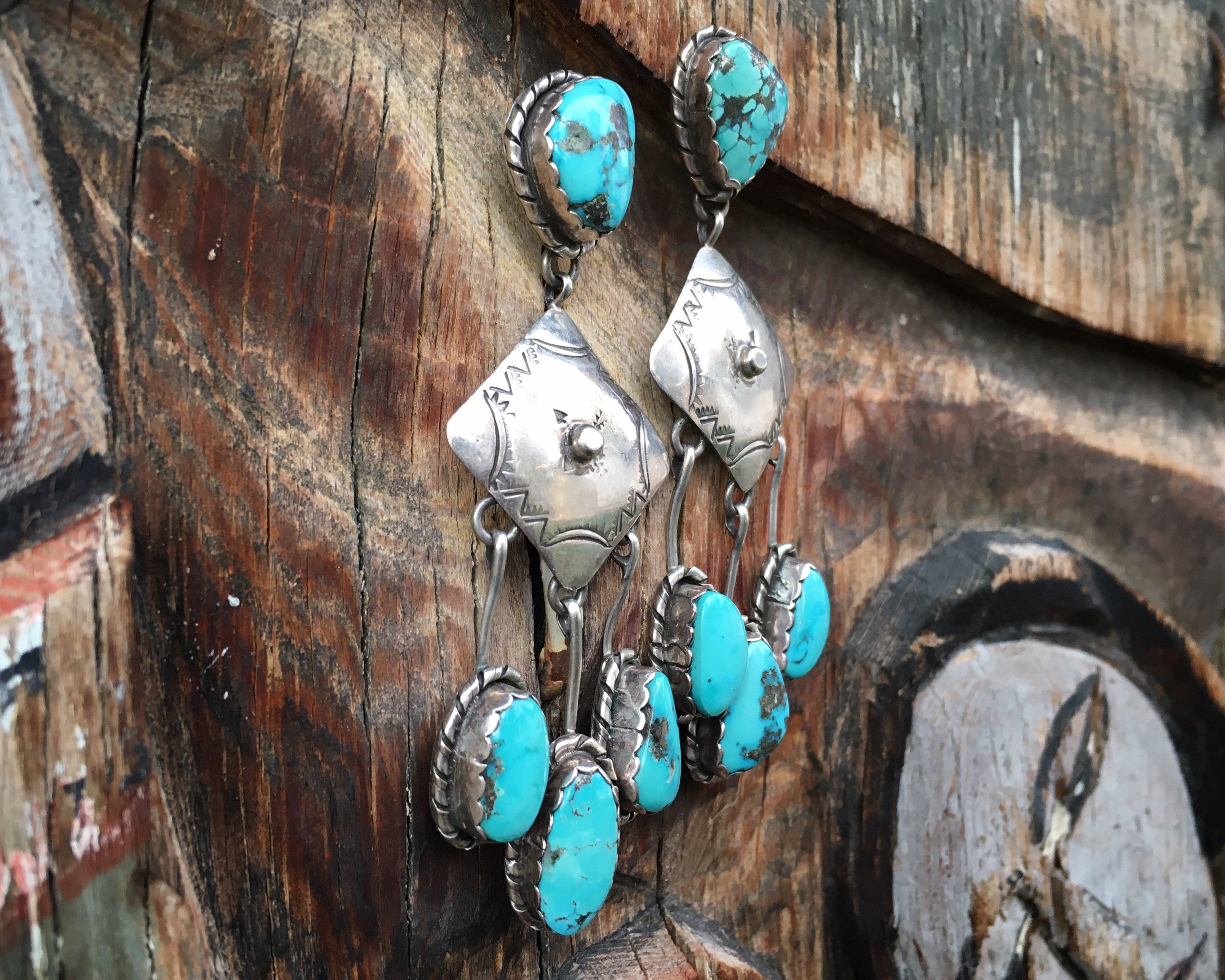 Natural Morenci Turquoise Dangle Earrings, Vintage Navajo Native