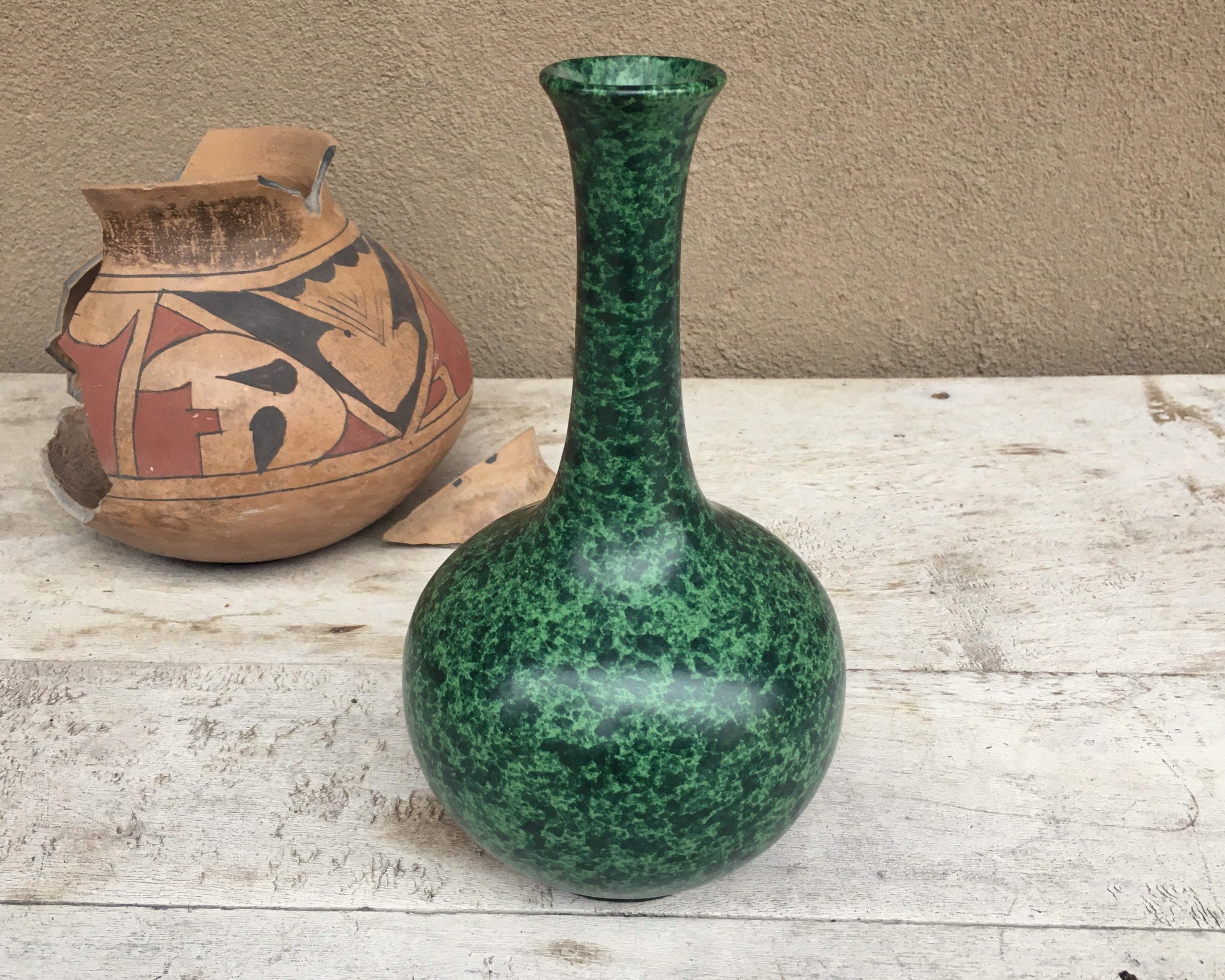 Mid Century Japanese Green Splatter Glaze Bud Vase, Modern Mid Century Japanese Green Splatter Glaze Bud Vase, Modern