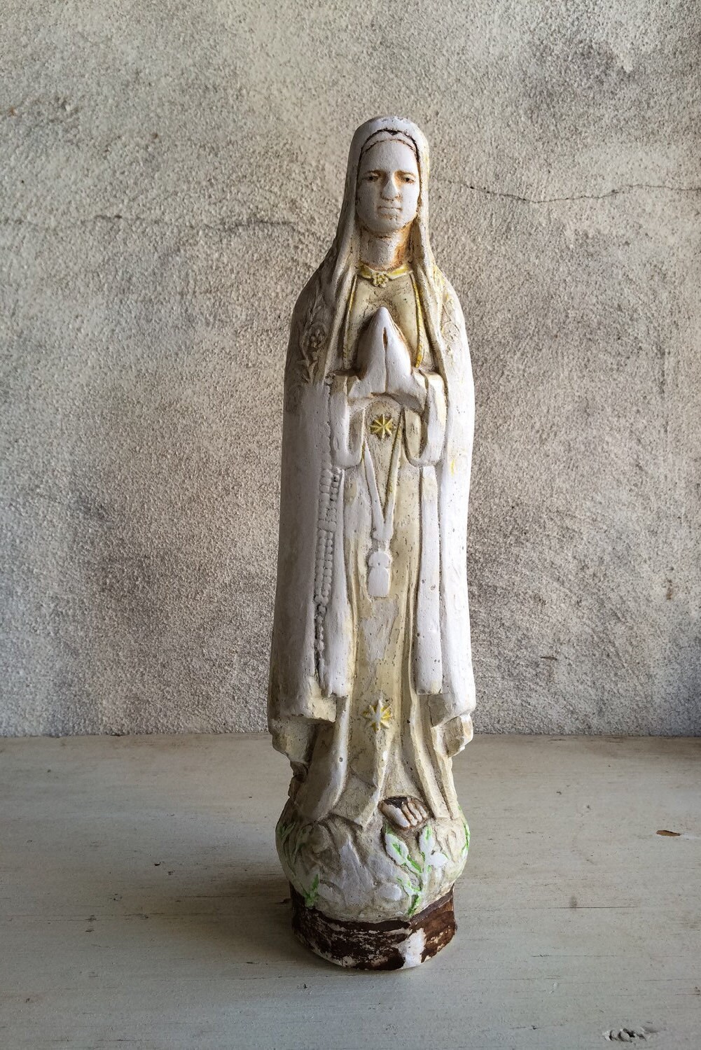 Vintage 12 chalkware Virgin Mary statue eroded by nature, chalk ware