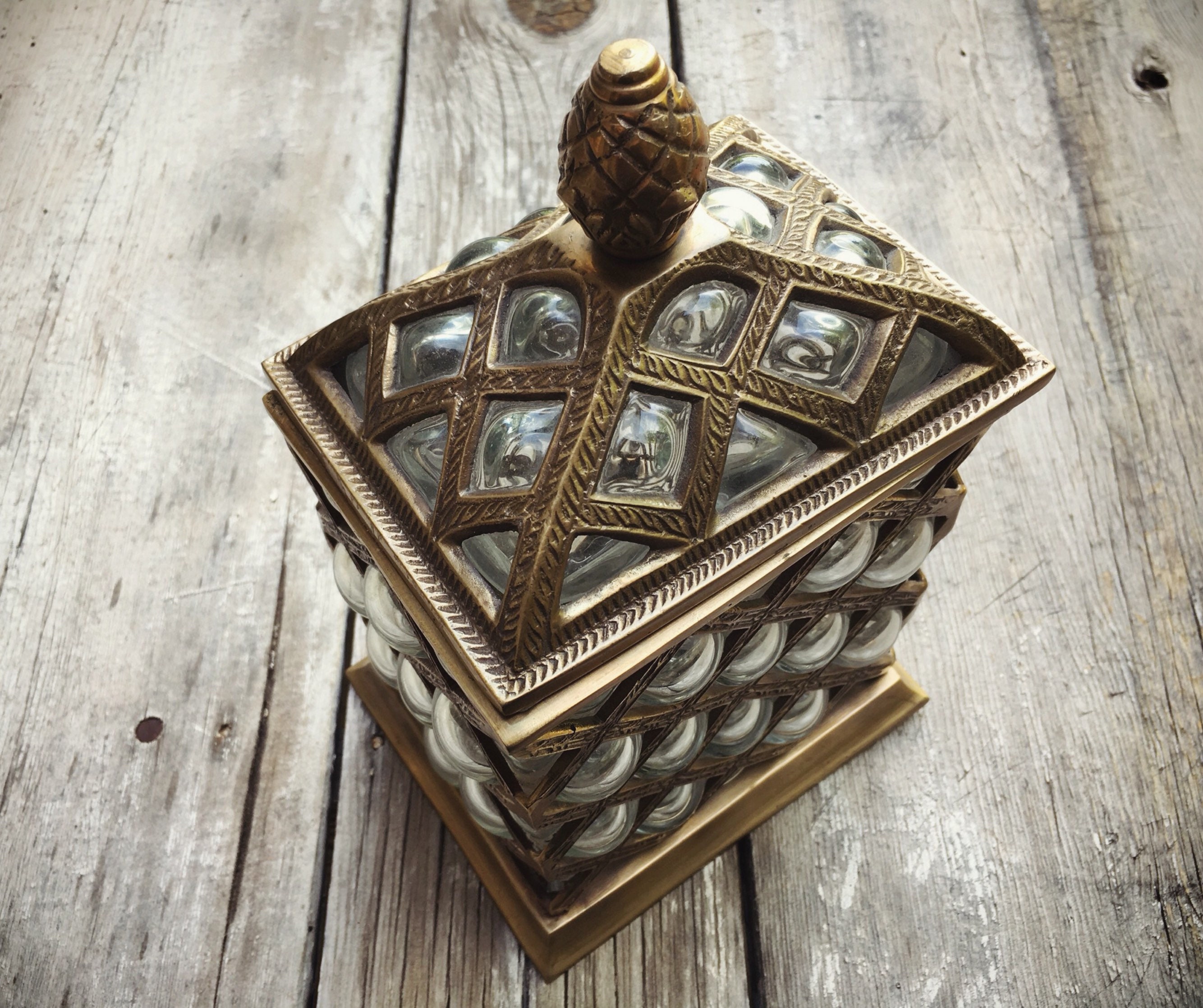 Lattice Bubble Glass Etched Brass Lidded Box, Hollywood Regency, Stash Box,  Caged Glass