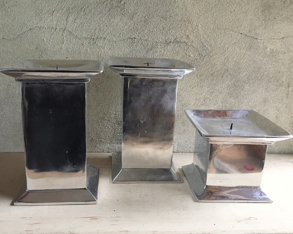 Set of Three Pewter Candlestick Holders Silver Color Pillar