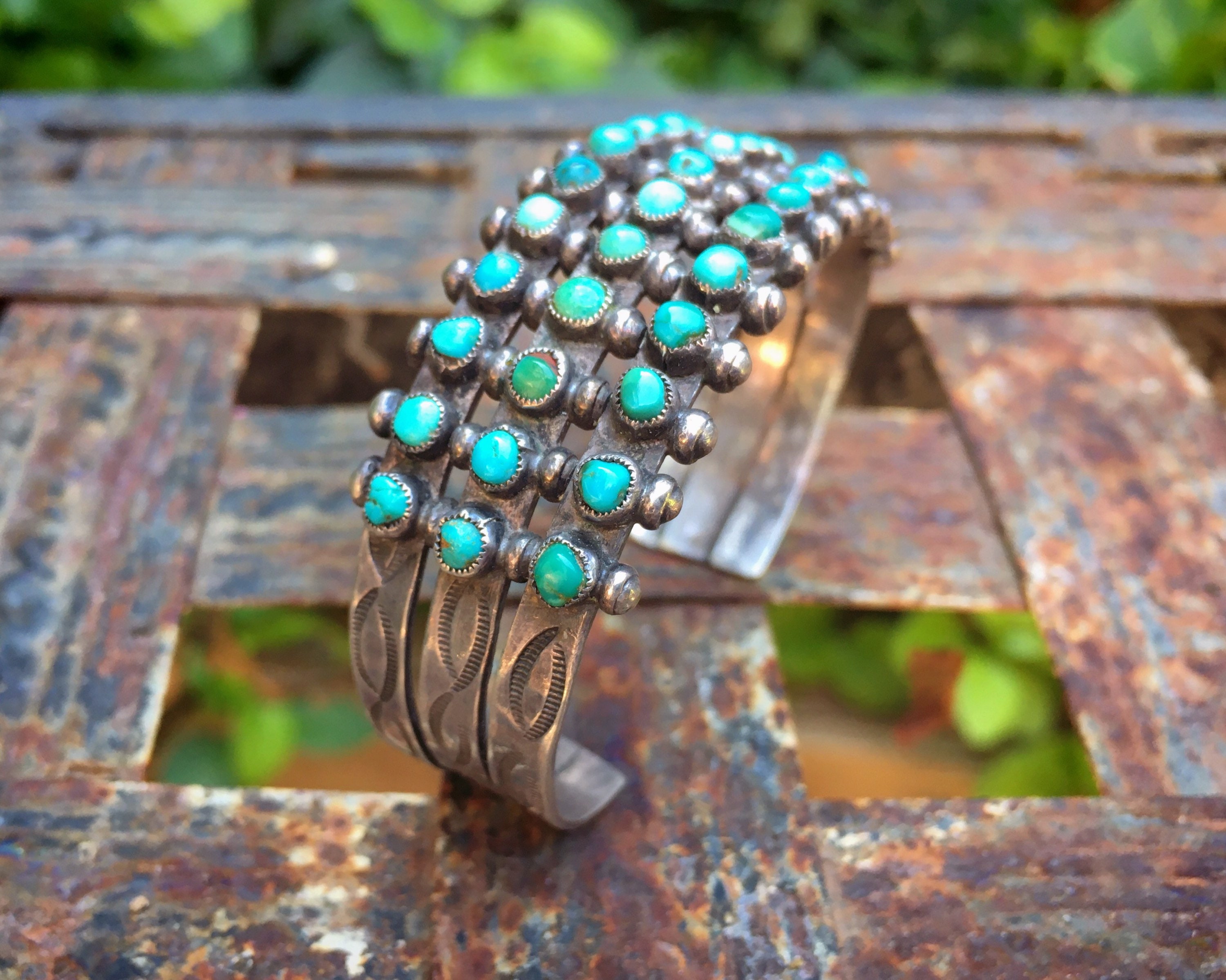 1930s Three Row Zuni Snake Eye Vintage Turquoise Cuff