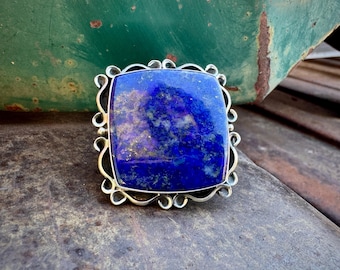 Large Lapis Lazuli Sterling Silver Ring Size 9, Squareish Shape, Navajo Me'Dru Nelson