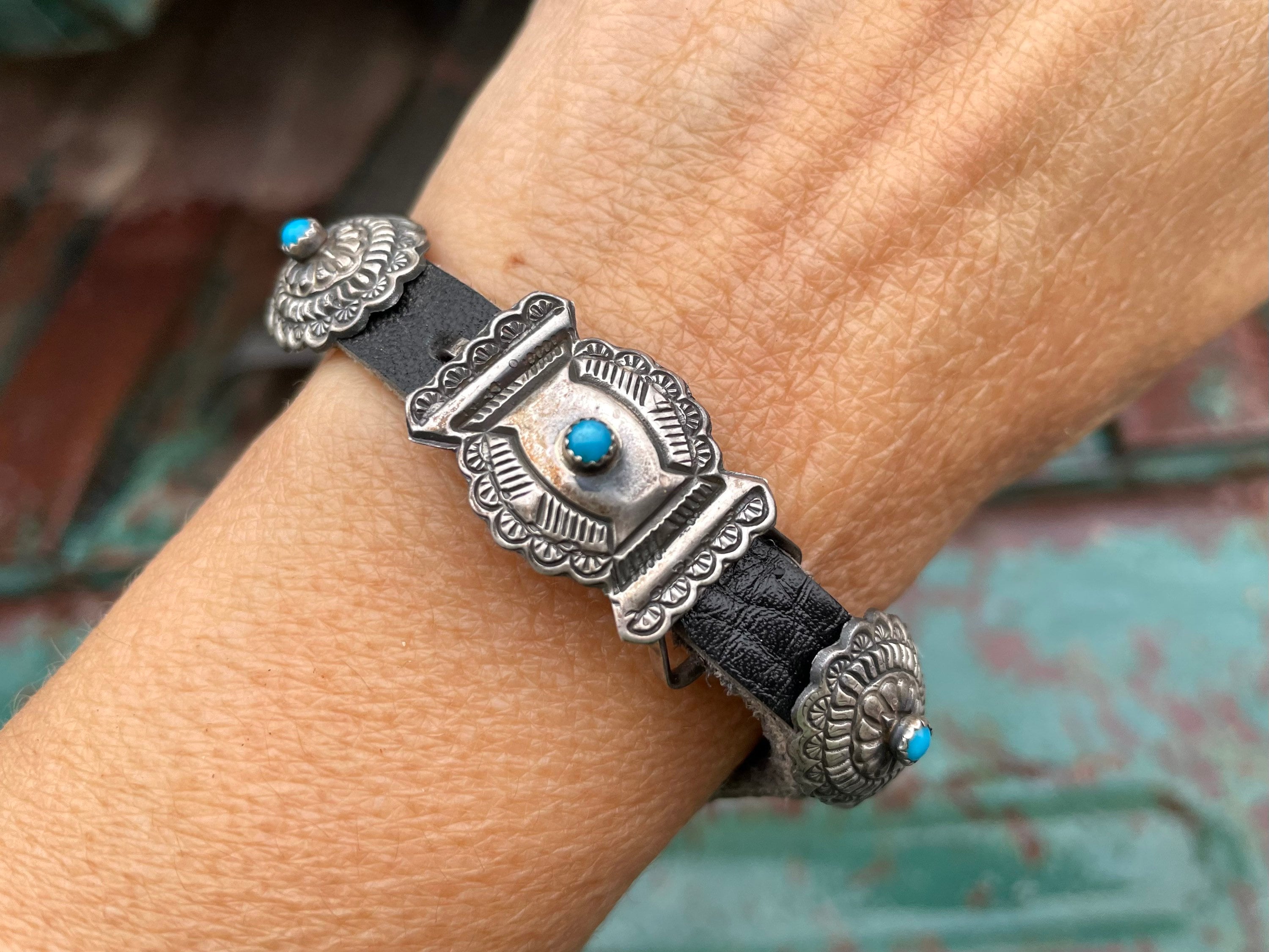 So Detailed!! Vintage Native American Navajo Sterling Silver Concho Belt Mini Bracelet So Detailed!! Vintage Native American Navajo Sterling Silver Concho Belt Mini Bracelet