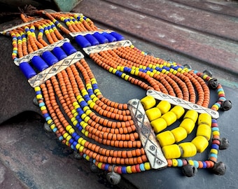 Old Konyak Naga Shield Bib Necklace Multi Color Glass Trade Beads, Museum Quality Tribal Jewelry