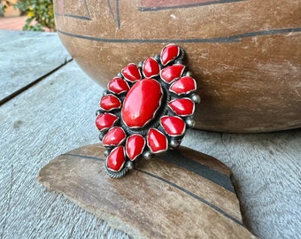 Vintage Navajo Mark Yazzie Sterling Silver Coral Cluster Ring Size 8.75 (Slightly Adj), Native American Indian Jewelry Unisex, Rodeo Style