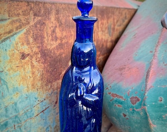 Vintage Mexican Glass Holy Water Bottle of Virgen de Guadalupe, 14" w/ Stopper, Cobalt Blue
